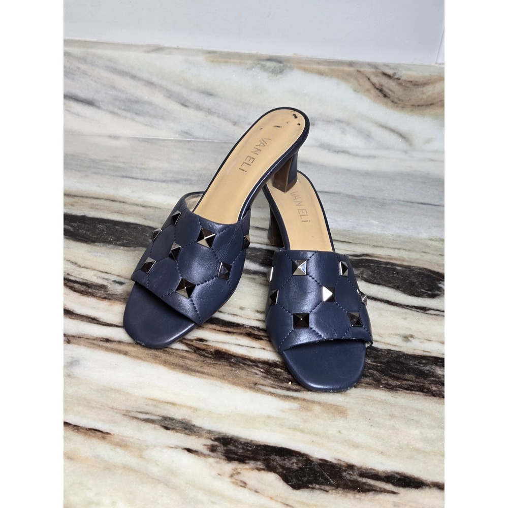 Vaneli Navy Blue Quilted Leather Studded Kitten Heel Slide Sandals‎ 7.5N